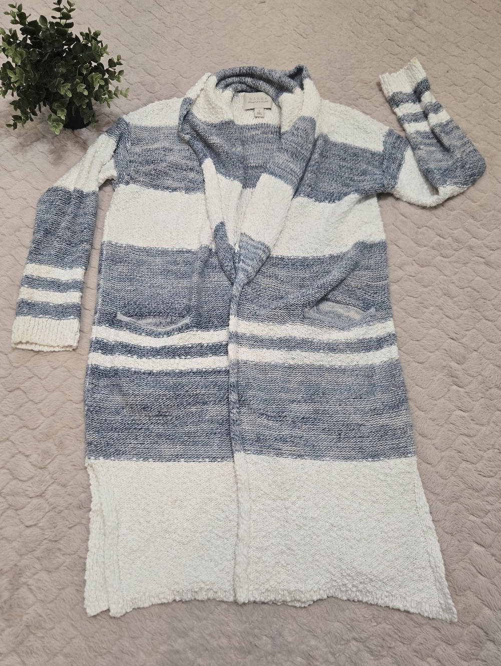 Hinge Blue & White Striped Longline Knit Nautical Duster Sweater, Size Small